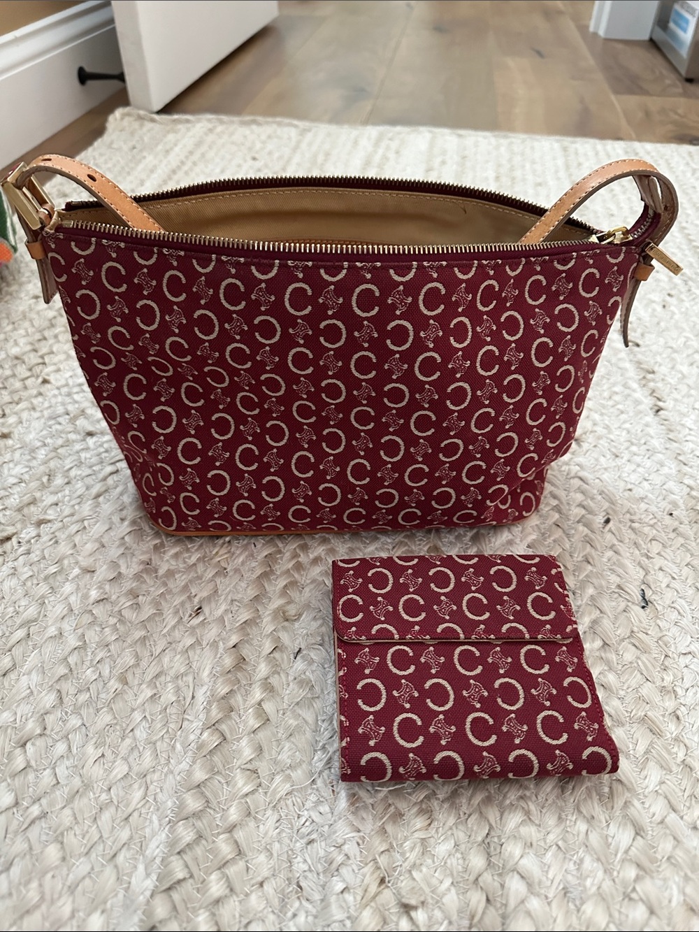 Vintage Celine Burgundy Signature Logo Handbag with matching wallet